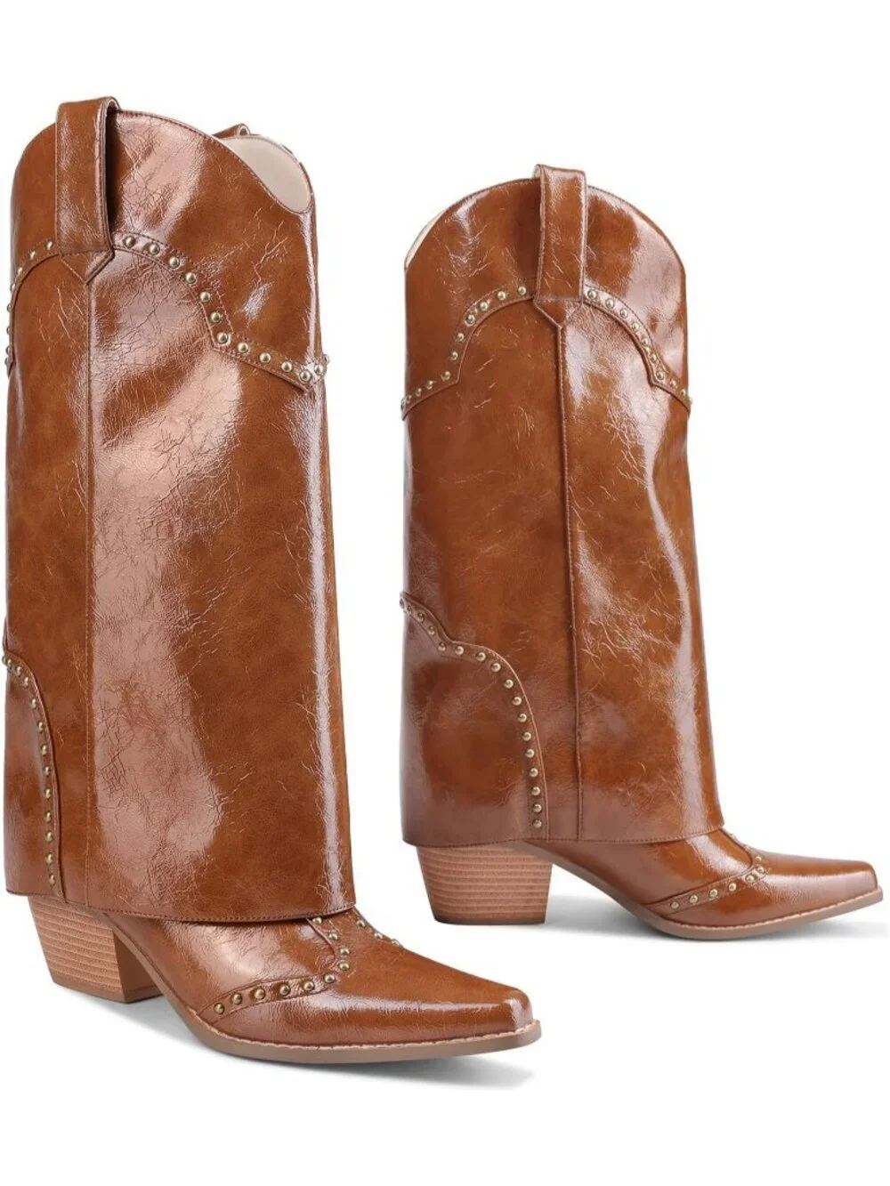 Women's Brown Patent Shark Boots Knee High Cowboy Cowgirl Fold Over Chunky Heel
